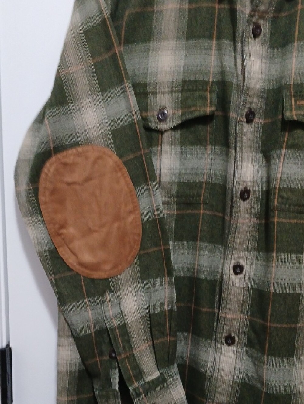Orvis Olive and Cream Plaid Flannel Shirt with Brown Elbow Patches - Picture 4 of 7
